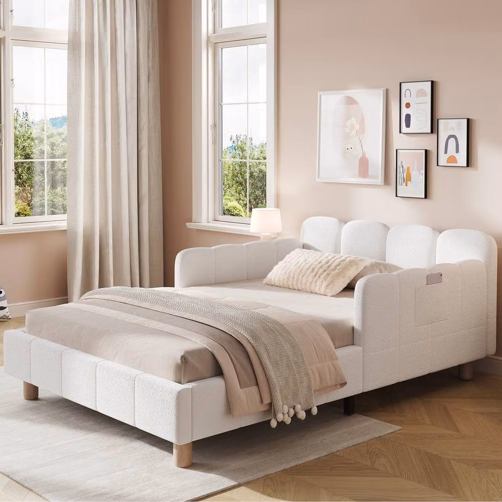 Rolipo Beige Bouclé Upholstered Single Bed Frame with Safety Rail, W/D/H: 90 x 190 cm – 2