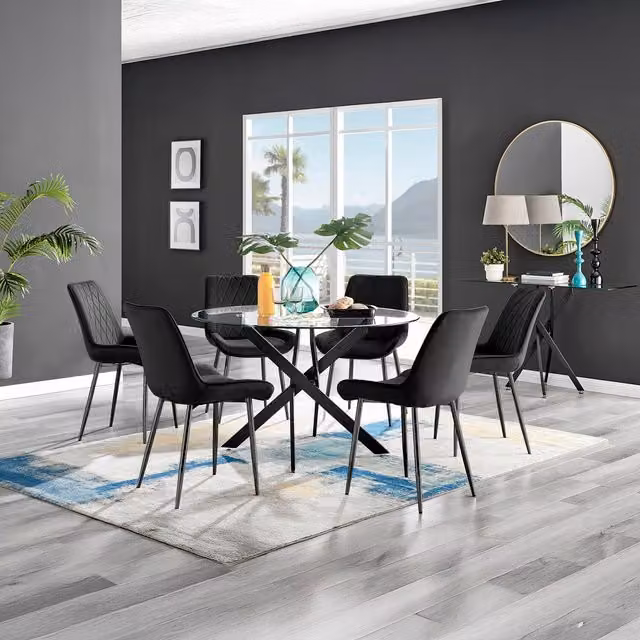 FurnitureboxUK Novara Round Glass Dining Table and 6 Pesaro Black Leg Chairs Set, Black