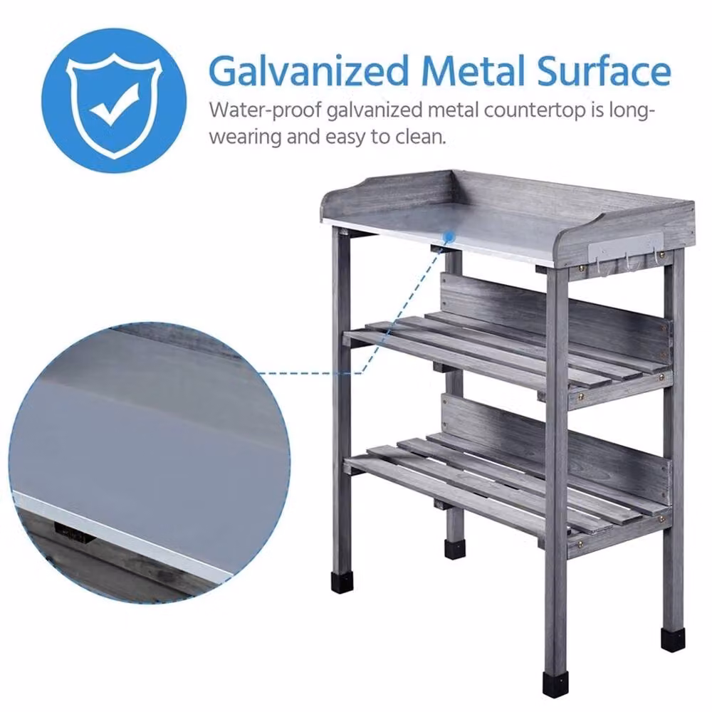 EONLION Grey 3-Layer Metal Table Bench with 2 Storage Shelves – 4