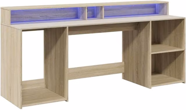 Berkfield Home Soft Gaming Desk with LED Lights in Natural Sonoma Oak, W/D/H: 200 x 55 x 91 cm