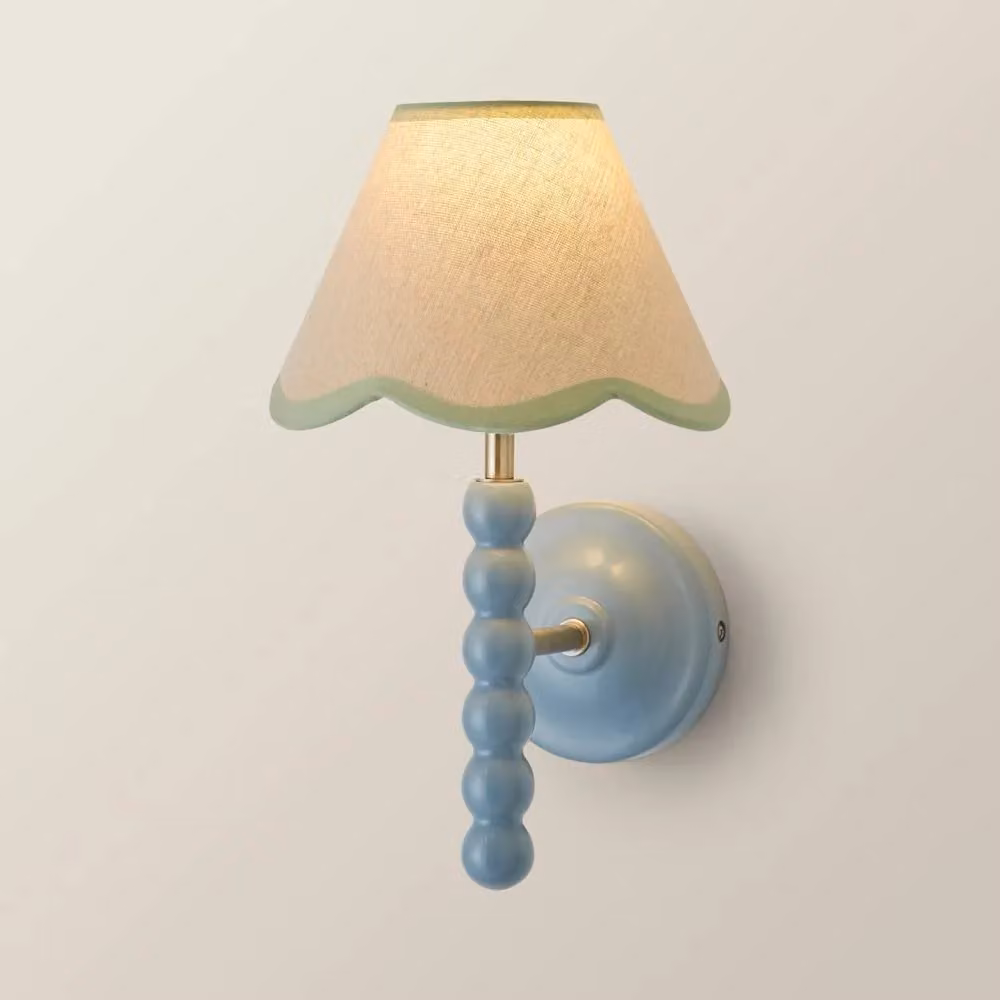 ValueLights Bobbins Powder Blue Wall Light with Linen Trim Fabric Shade and LED Bulb in Pale Green – 2