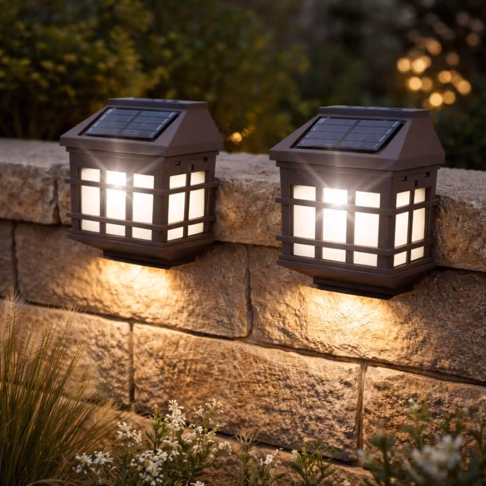 Gardenwize Pack of 2 Brown Lantern Style Solar Powered LED Fence and Wall Lights with Dusk Sensor – 2
