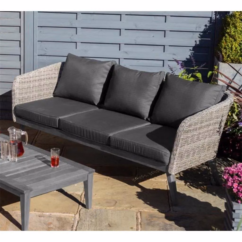 Cheshire 5 Seater Polyrattan Garden Coffee Sofa Set with Upholstered Cushions in Light Sand and Grey – 2