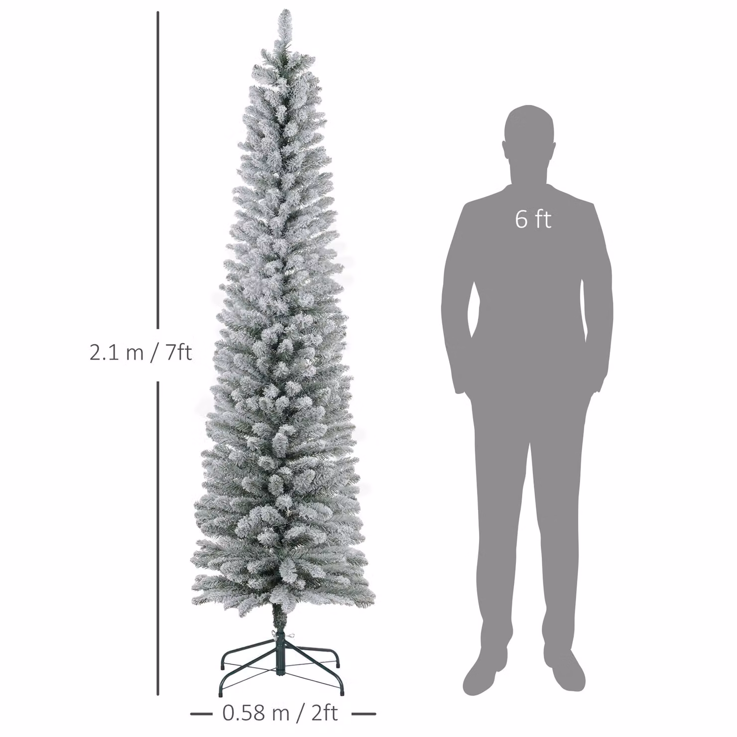HOMCOM 7ft White Artificial Pencil Christmas Tree with 405 Snow Flocked Tips and Metal Base – 3