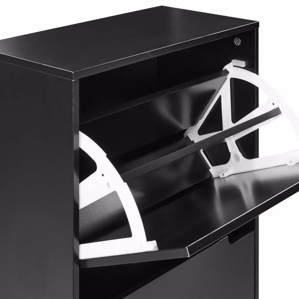 Wyld and Coco Black 3-Compartment Lacquered MDF Shoe Cabinet with Rubberwood Legs W/D/H: 121.0 x 47.0 x 3.0 cm – 3