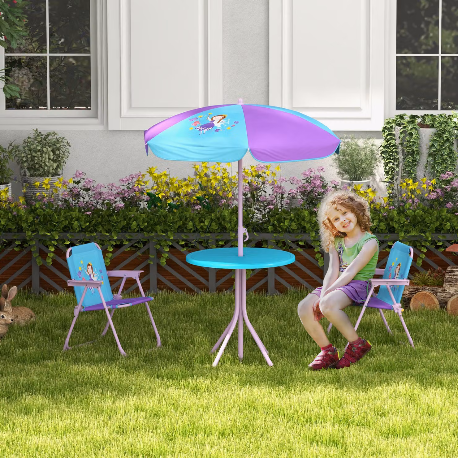 Outsunny Kids Fairy Themed Picnic Table and Chair Set with Foldable Chairs and Adjustable Parasol, Multicolour – 2