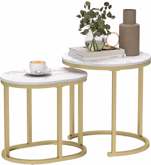 KORVIXA Set of 2 Modern Round White Glossy Coffee Tables with Nested Tops