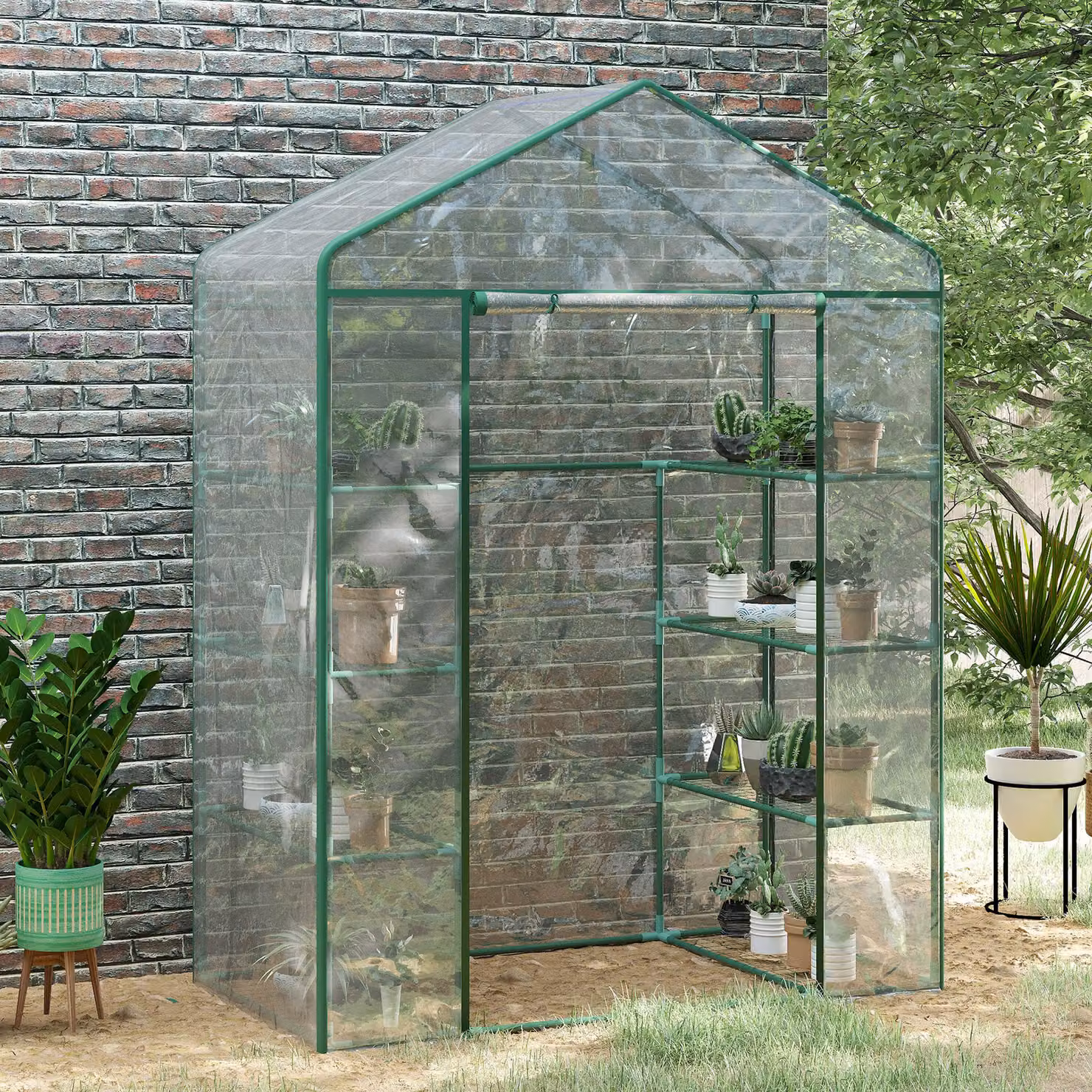 Outsunny Portable Walk In Greenhouse with 8 Shelves and Metal Frame, Transparent, W: 73 cm, H: 195 cm – 2