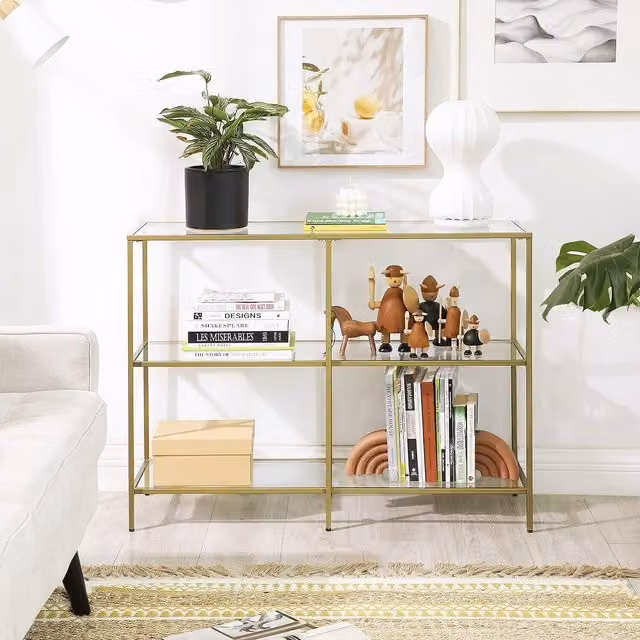 The Bazaarist Modern 3-Tier Rectangular Glass Console Table with Metal Frame in Gold, W/D/H: 73 x 30 x 30 cm