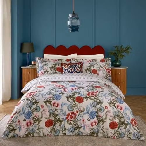 Paoletti Ishana Reversible Botanical Floral Cotton Rich Duvet Cover and Pillowcase Set, Multicolour, W: 137 cm, H: 200 cm, Pillowcase: 90 x 200 cm