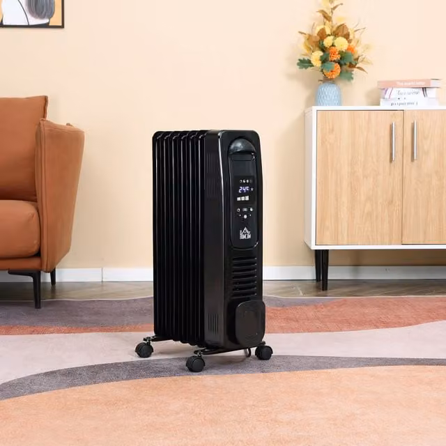 HOMCOM 1500W Digital Oil Filled Radiator 7 Fin Portable Freestanding Electric Heater, Black