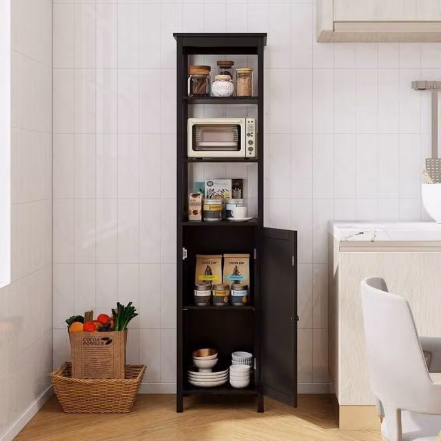 FORGEVIO Modern Slim Bathroom Floor Cabinet with 3 Open Shelves in Matt Black – 1