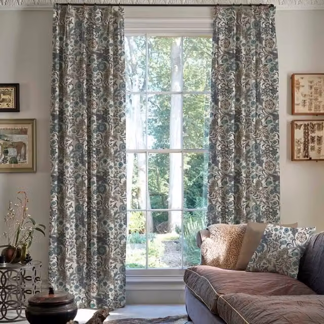 Linda Barker Home Agra Made To Measure Blue Floral Blackout Cotton Curtains