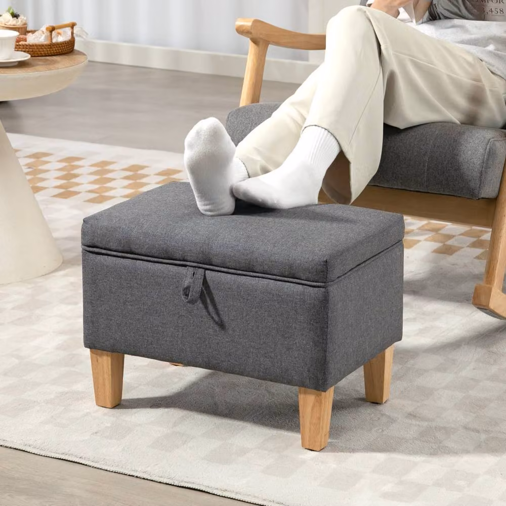 Wyld Haus Doma Compact Storage Ottoman in Charcoal Grey Linen Effect with Natural Wood Legs – 7