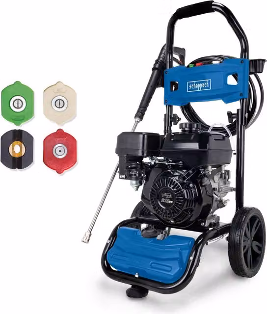 Scheppach HCP5000 Petrol Pressure Washer in Blue with 5.9hp 4-Stroke Engine, 241bar Pressure and 570L/h Flow Rate