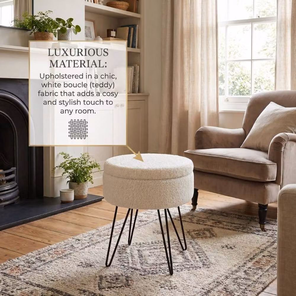 Home Luxe Interior Orla White Teddy Storage Footstool - Bouclé Cylindrical Ottoman with Metal Frame – 6