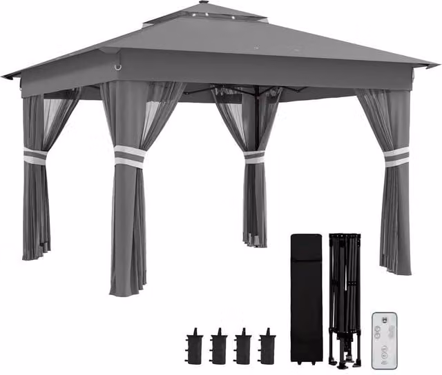 Rolipo Grey Pop Up Gazebo with Solar LED Lights, W: 336 cm, D: 336 cm, H: 250 cm – 1