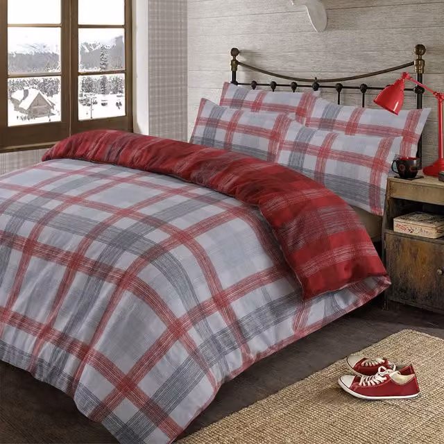 OHS Dreamscene Red Checked Flannelette Duvet Cover and Pillowcase Bedding Set, W/D/H: 200 x 200 cm