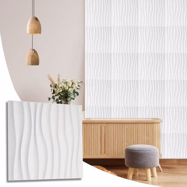 NOVECRAFTO White 3D PVC Wall Panels with Geometric Wave Design, W/D/H: 50 x 50 x 0.25 cm, Pack of 6