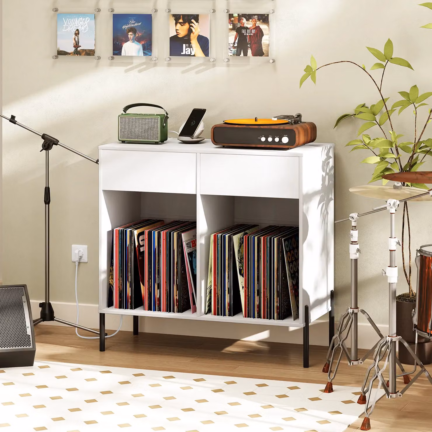 Costway Double Wide Record Player Stand with Power Outlets and Media Compartments in White – 6