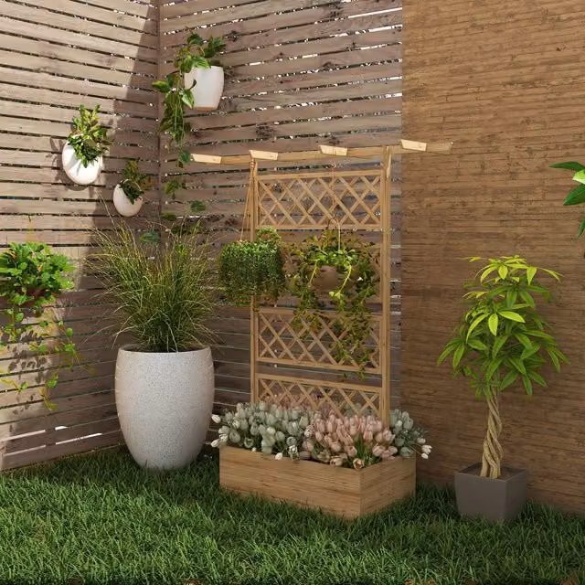 Outsunny Natural Wood Raised Garden Bed with Trellis for Climbing Plants