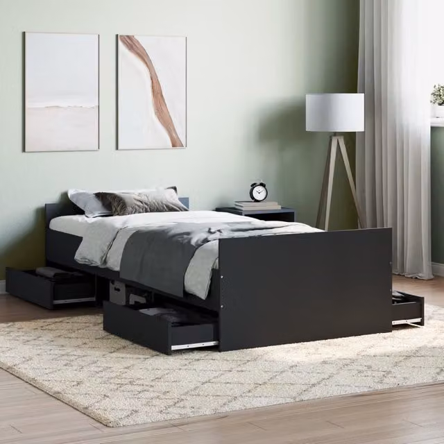 Berkfield Home Modern Bed Frame with Headboard, Footboard and Drawers in Black, W: 100 cm, L: 200 cm