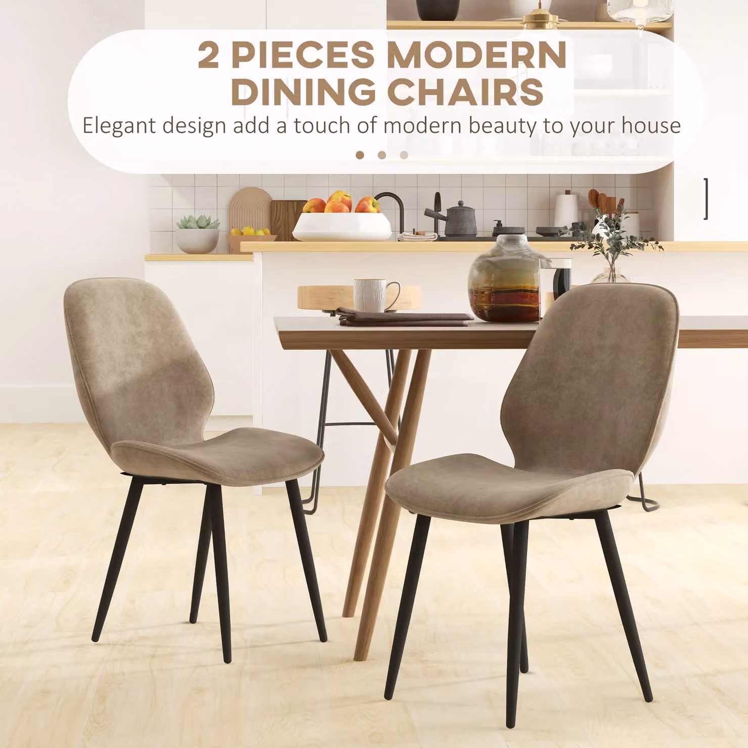 HOMCOM Set of 2 Modern Brown Velvet Upholstered Dining Chairs with Metal Legs – 3