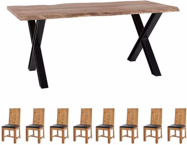 IH Design Live Edge Acacia Wood and Metal Rectangular Dining Table Set with 8 Chairs in Light Wood and Grey