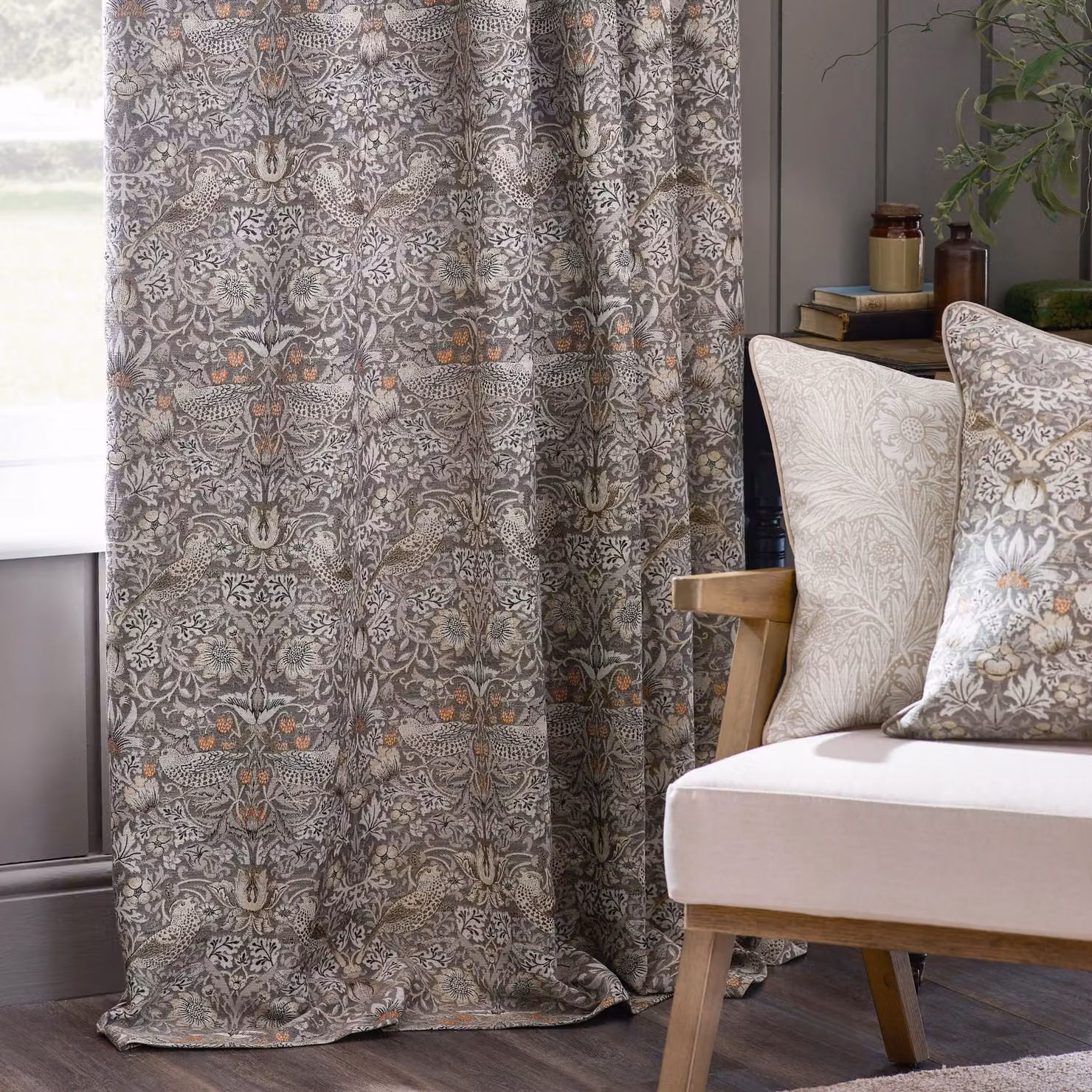 Morris & Co. Strawberry Thief Jacquard Floral Pencil Pleat Curtains, Beige, Width: 229 cm, Drop: 229 cm – 3