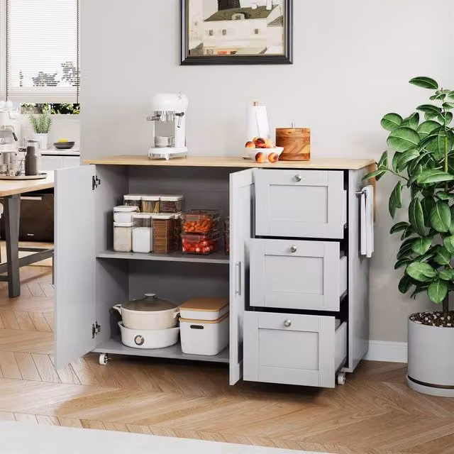 Merax Grey Rolling Kitchen Island Trolley with Foldable Worktop and 3 Drawers, Width: 135 cm