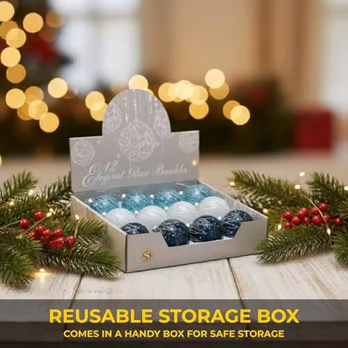 Shatchi 12-Piece Set of Blue and White Glass Christmas Baubles, 8 cm Round Hanging Ornaments – 2