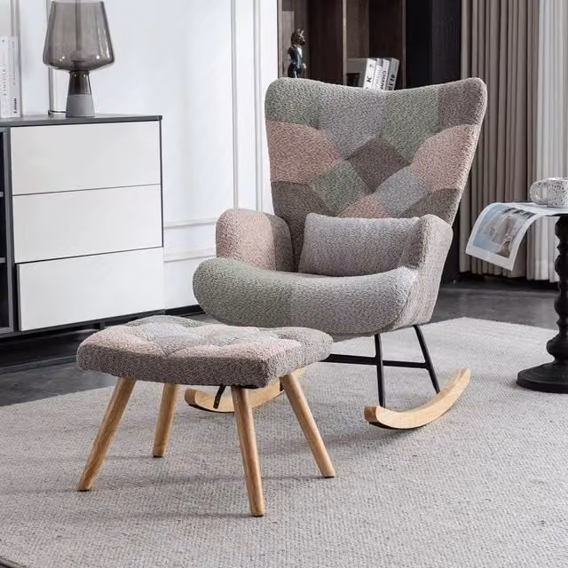 Fascinate Multicolour Abstract Fabric Wingback Rocking Chair with Ottoman – 1