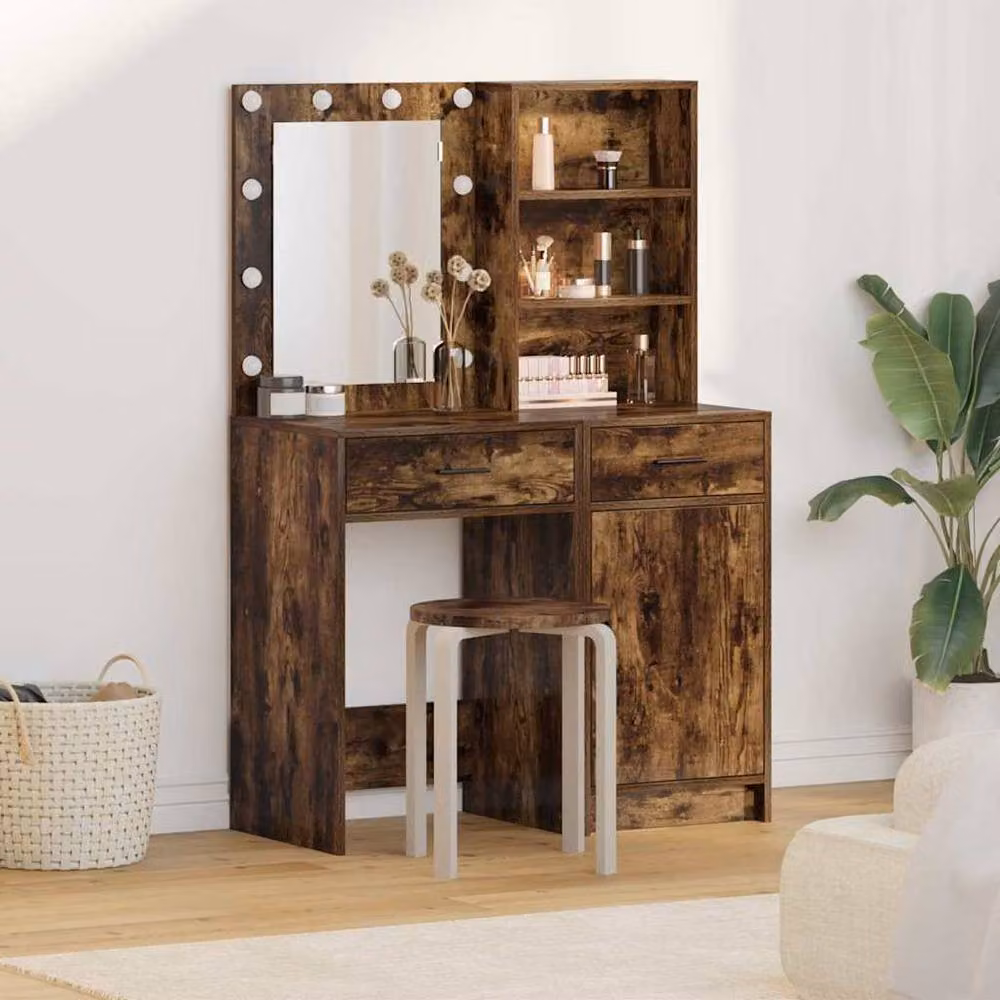 Berkfield Home Modern 2 Piece Hollywood LED Dressing Table Set in Smoked Oak Brown – 2
