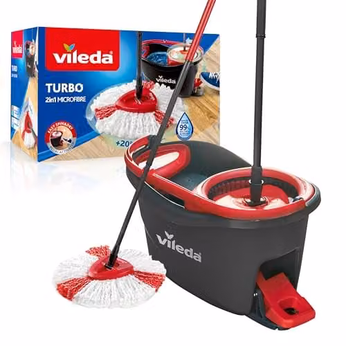 Vileda Turbo 2in1 Spin Mop and Bucket Set with Microfibre Mop Head, Wringer and Telescopic Handle in Grey and Red