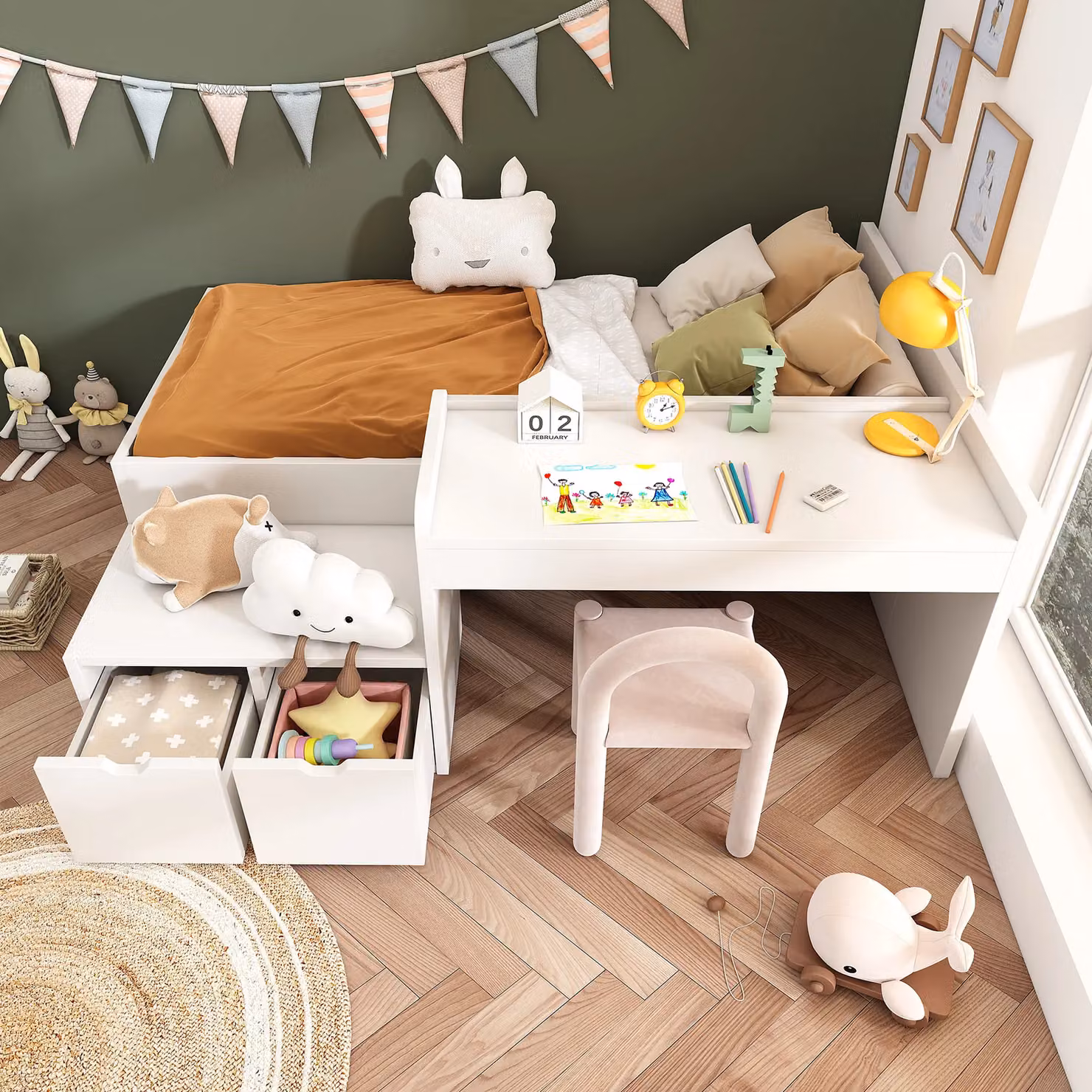 Matteo Kids Single Bed with Desk and Drawers, White, W/D/H: 90 x 190 cm – 5