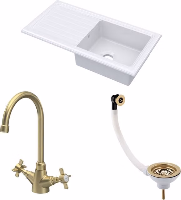 Balterley White Ceramic 1 Bowl Kitchen Sink with Brushed Brass Tap and Drainer Waste, W: 1010 mm – 1