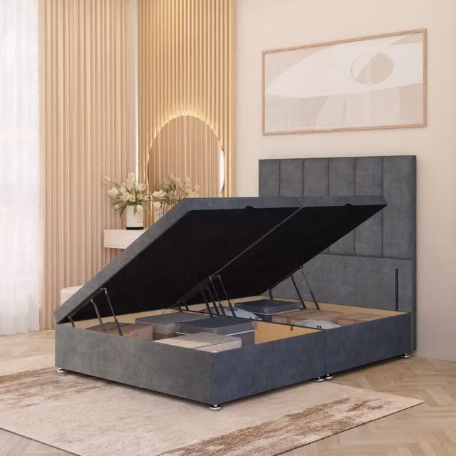 Somnior Beds Ltd Austin Plush Velvet Ottoman Bed with Floor Standing Headboard in Silver, Superking, W/D/H: 200 x 193 x 183 cm