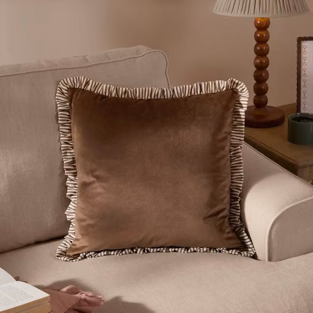 Wylder Solene Ruffle Matte Velvet Cushion in Brown, W/D/H: 45 x 45 x 45 cm – 1