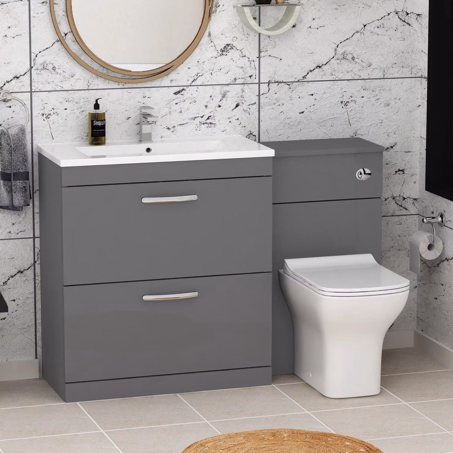Royal Bathrooms Turin Minimalist 2-Drawer Basin and Qubix Back to Wall Toilet Pack, Indigo Grey Gloss, W: 130 cm