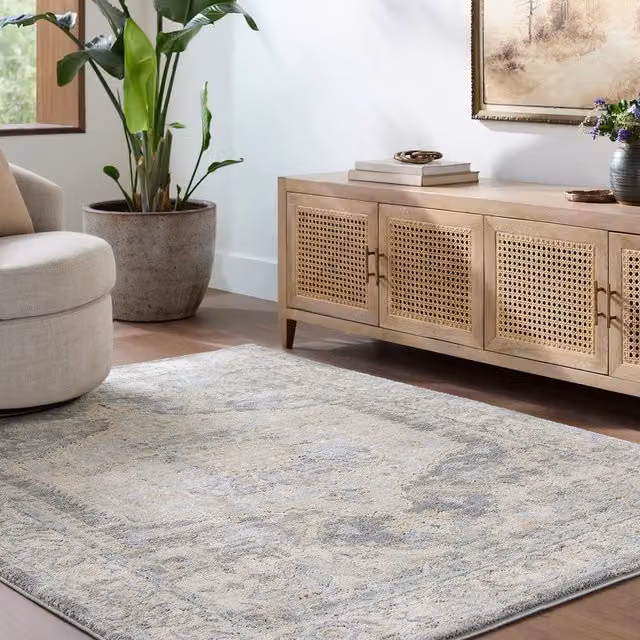 Livabliss Avellino Vintage Boho High Pile Living Room Rug in Beige, Grey and Blue, W: 160 cm, D: 215 cm