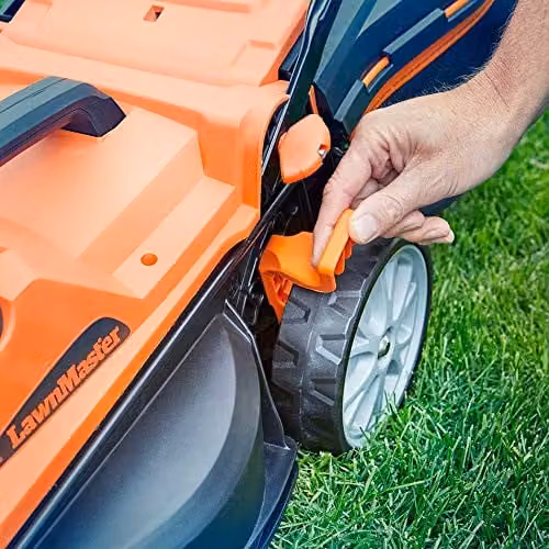 LawnMaster MX 24V 34cm Cordless Lawnmower and Strimmer Set with Spare Battery and Quick Charger, Orange – 3
