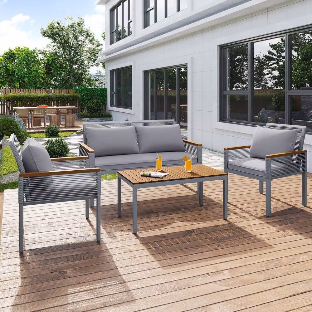 STILVORA Modern Grey Sofa Set with Acacia Wood and Steel Structure – 2