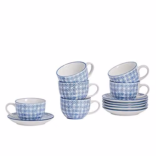 Nicola Spring 24 Piece Blue Floral Stoneware Coffee Cup and Saucer Set, 250ml