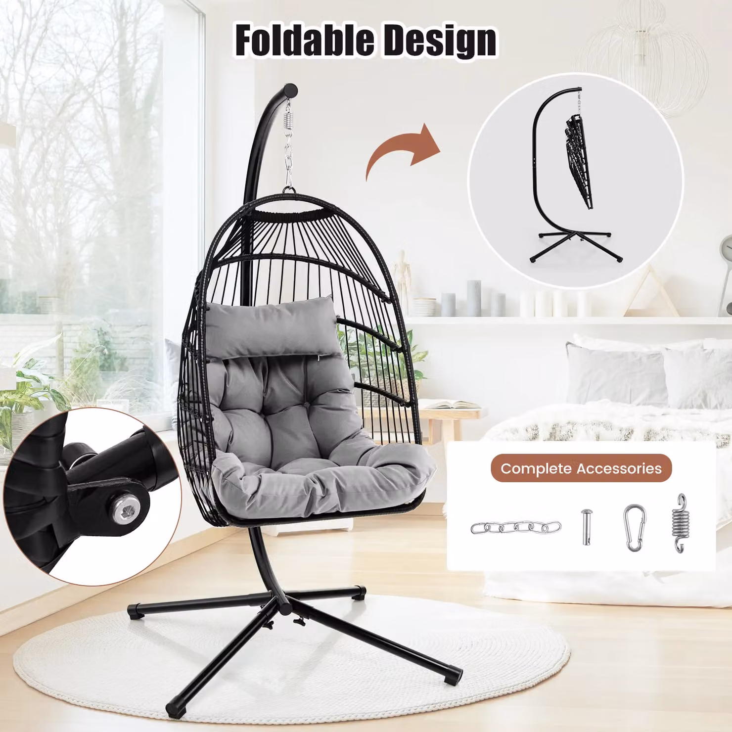 Gymax Grey Metal Hanging Egg Chair Hammock with Stand, Head Pillow and Cushion – 3
