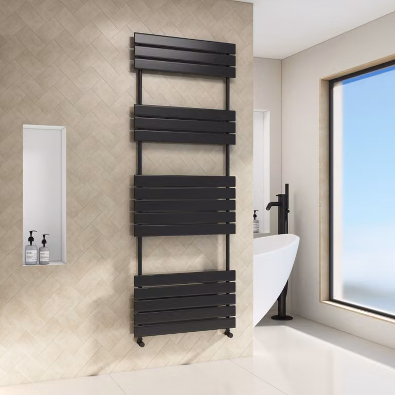 Majestic Matt Black Heated Towel Rail Straight Ladder, H 160 cm x W 60 cm