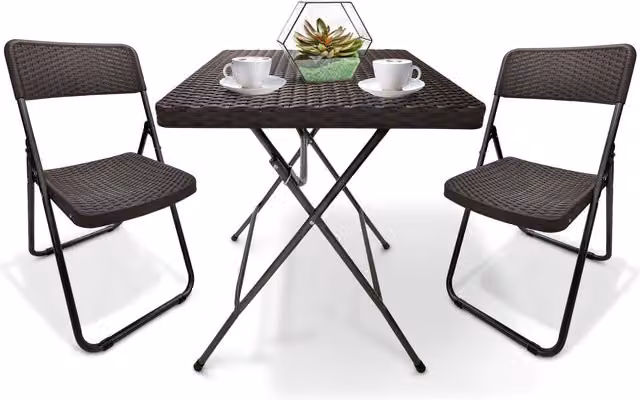 NETTA Brown Rattan Effect Bistro Table and Chairs Set for Garden, Balcony or Terrace