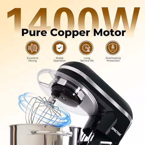 Spector Stand Mixer with 6.2L Stainless Steel Bowl, 1400W Motor and 6 Speeds with Pulse Function in Black – 7