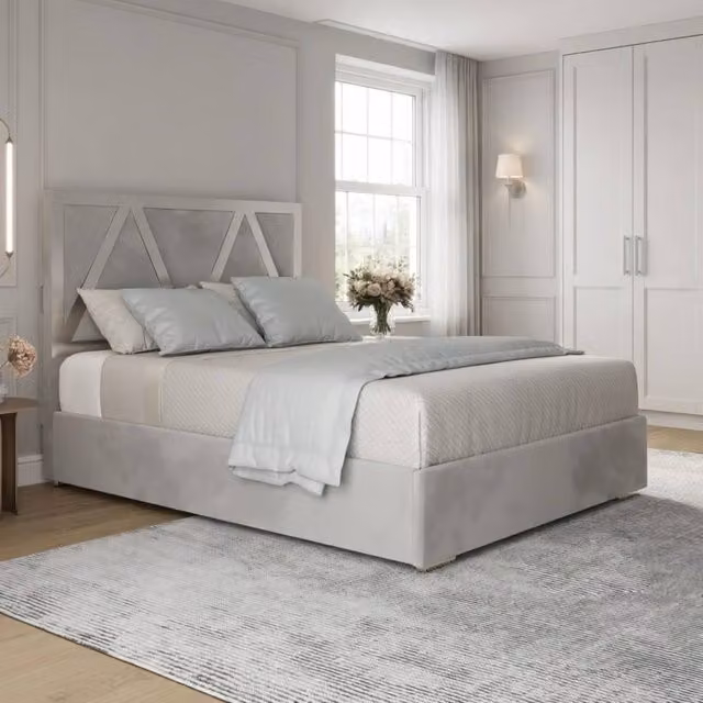 KDMD Erdington Super King Upholstered Soft Velvet Designer Bed Frame in Grey with Metal Details, W/D/H: 200 x 127 x 200 cm – 1