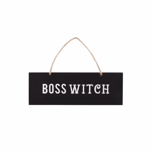 Something Different Boss Witch Rectangular Hanging Wood Wall Sign in Black and White