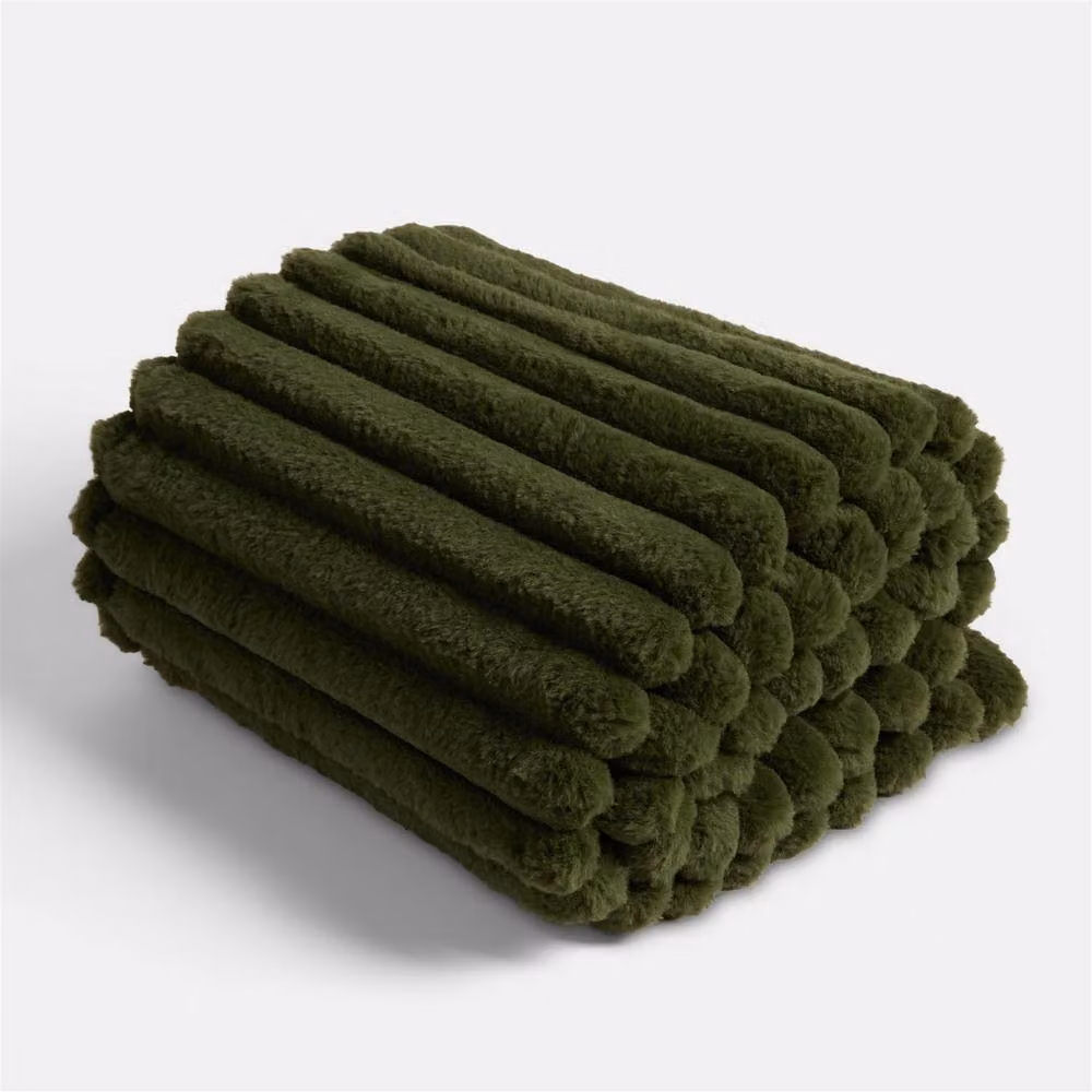 OHS Faux Fur Ribbed Fleece Throw Blanket in Dark Green, W 200 cm x D 240 cm – 2